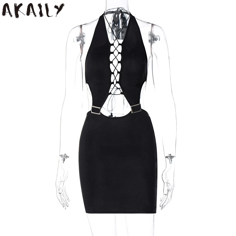 

AKaily 2021 Halter Bandage Bodycon Short Mini Dress Women Backless Black Summer Wrap Dress Sexy Bodycon Ladies Dresses Female