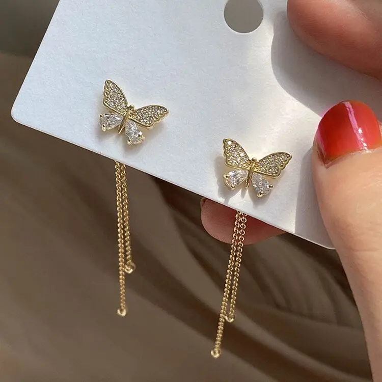 

Bohemia Elegant Women Bow Tassel Round Bead Drop Earings Simple CZ Crystal Gold Plated Earring Wedding Party Jewelry for Women