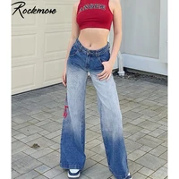 rockmore retro gradient baggy jeans women streetwear print wide leg cargo pants capris 90s high waist denim trousers joggers