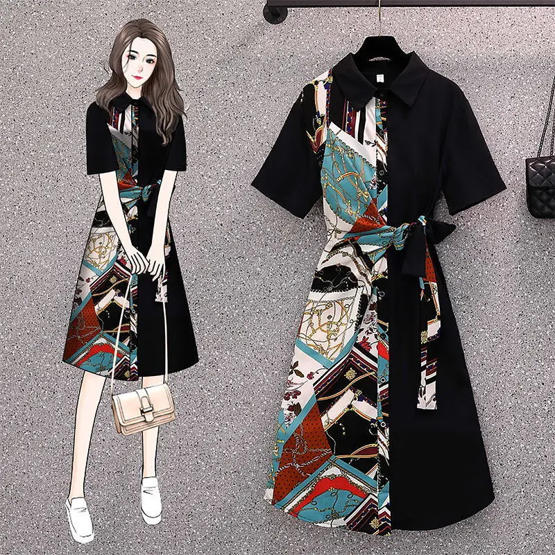 

Summer New Style Korean Version Plus Size Women'S Western Style Was Thin Stitching Short-Sleeved Dress Women