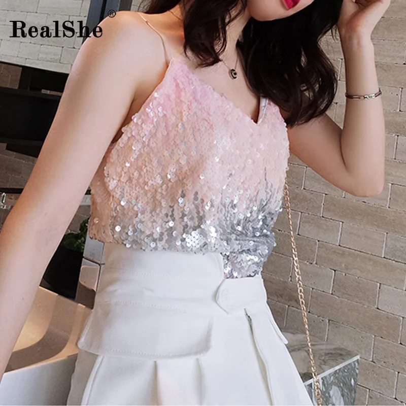 RealShe короткий топ для фитнеса с v-образным вырезом без рукавов блестками