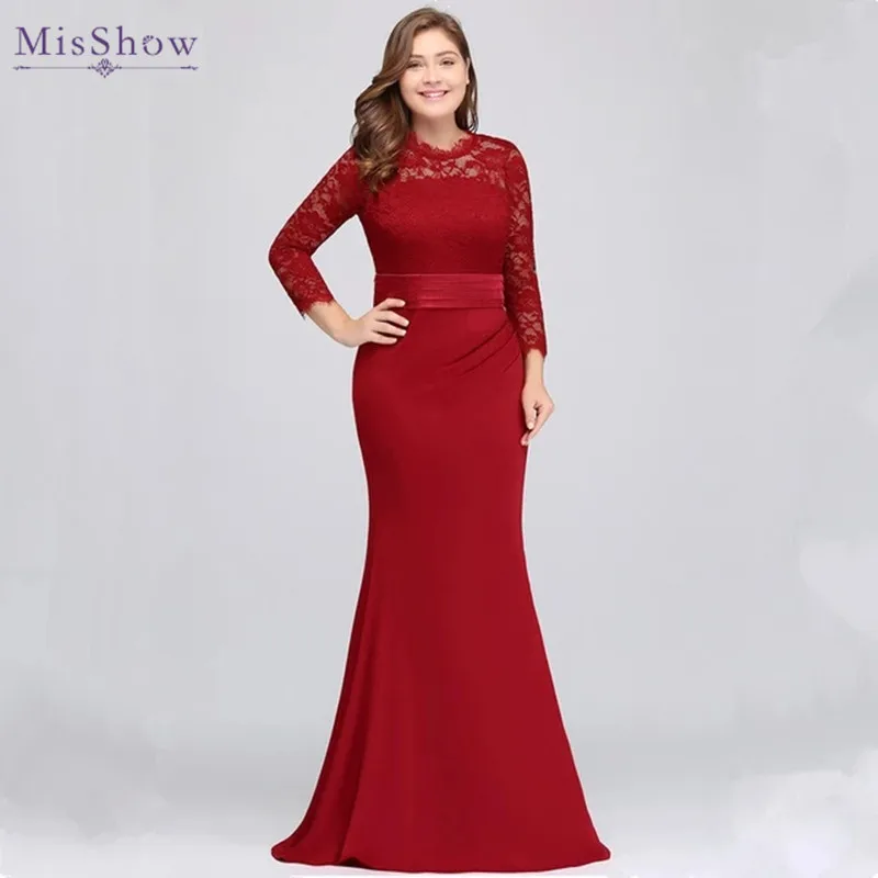 Misshow Plus Size Women Maxi Dress Female Casual Eyelash Lace Mermaid Three Quarter Sleeve Women Party Dresses with Sash