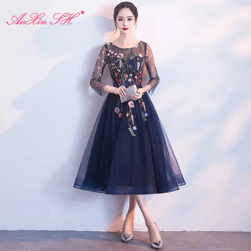 AnXin SH принцесса темно-синее кружевное иллюзионное вечернее платье для вечеринки