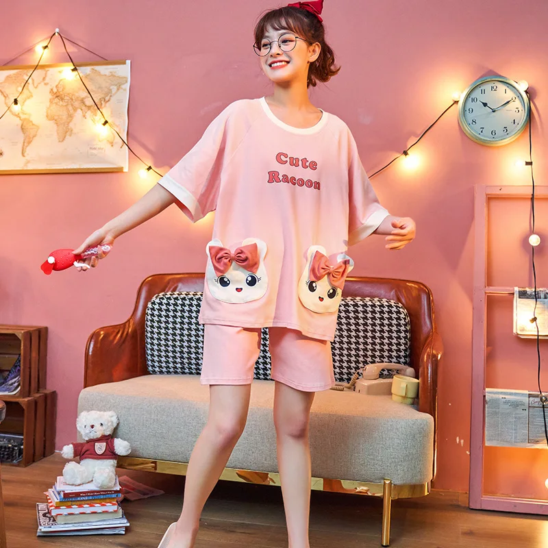 

Short Sleeve Pajamas Women's Summer Korean Style Cotton Loose Thin Type Two-Piece Suit Cat Spring and Autumn Sweet Cute
