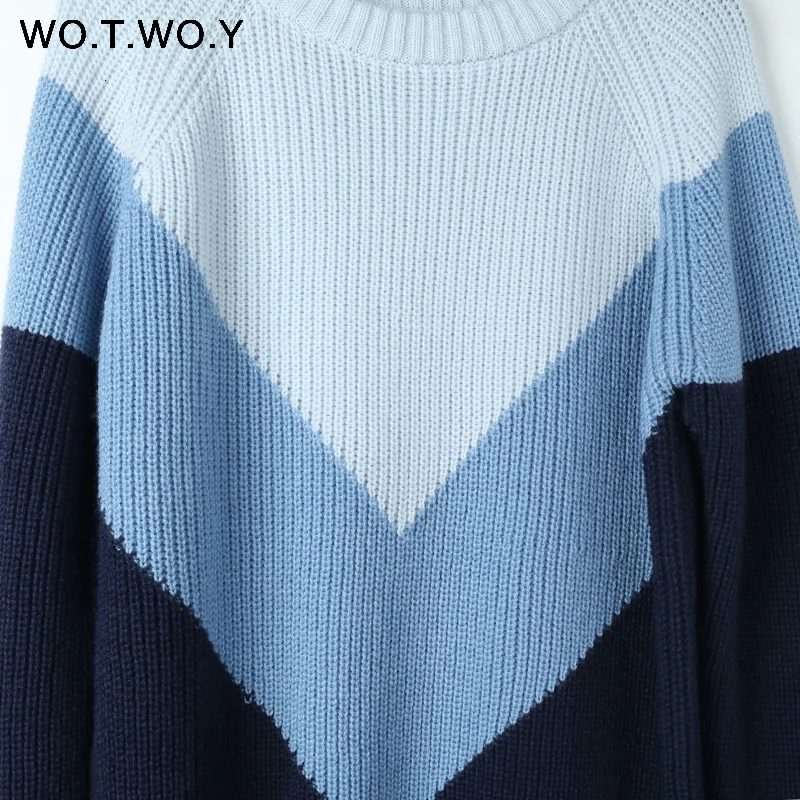 WOTWOY, Осень-зима, контрастный цвет, женский свитер, Повседневный, с длинным рукавом, пуловеры, для женщин, с круглым вырезом, вязаные топы, женский джемпер, мягкий