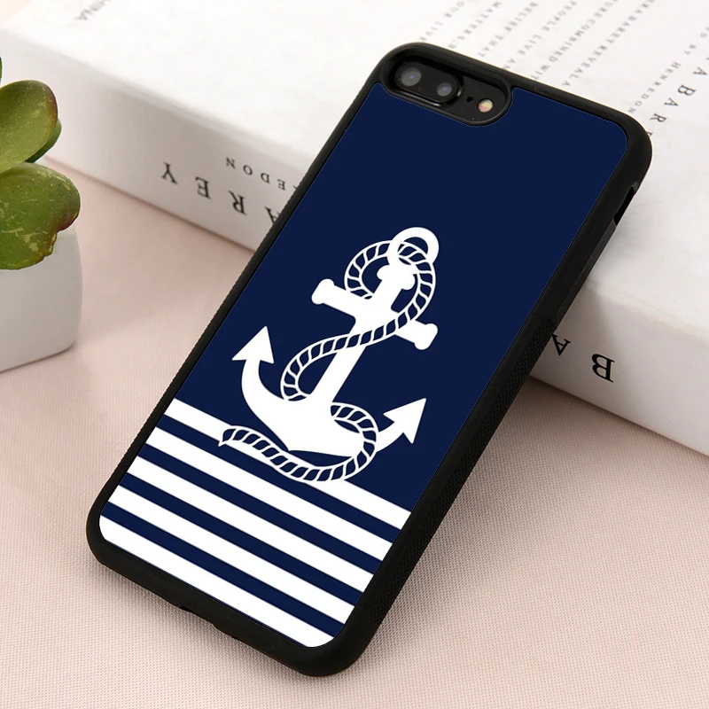 Чехол для iPhone 5 с морскими темно синими полосками и белым якорем 5S 6 6S 7 8 plus X Xs 11 12 Mini