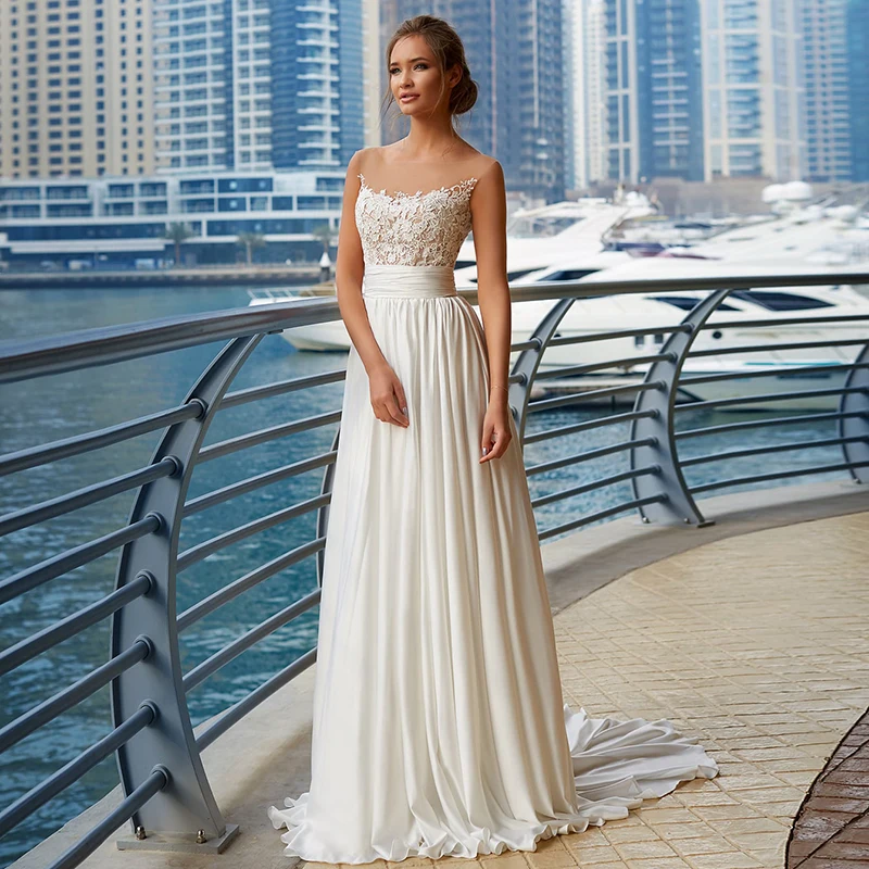 

Simple Transparent Scoop Boho Bridal Dress Plus Size Appliques Lace Hole Back Wedding Dress Sweep Train Bride Gowns 2021