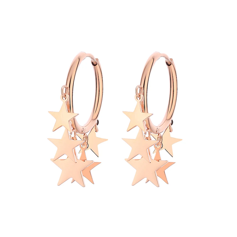 Серьги-Обручи из нержавеющей стали с кисточками и звездами розового золота для