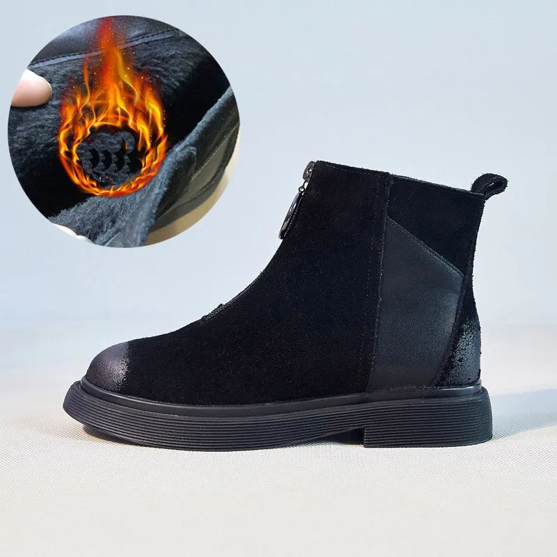black with fur Botas mujer в стиле ретро; ; повседневная обувь; Ботинки martin; женские модные брендовые ботильоны из натуральной кожи с заклепками; Цвет Черный - Цвет: black with fur