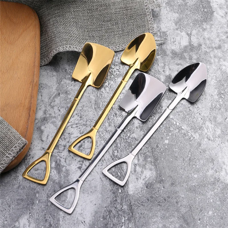 

Afternoon Tea Dessert Long Handle Spoon Kitchen Tool Creative Metal Ice Cream Coffee Spoon Shovel Shape Shell Tea Spoon 3 Colors