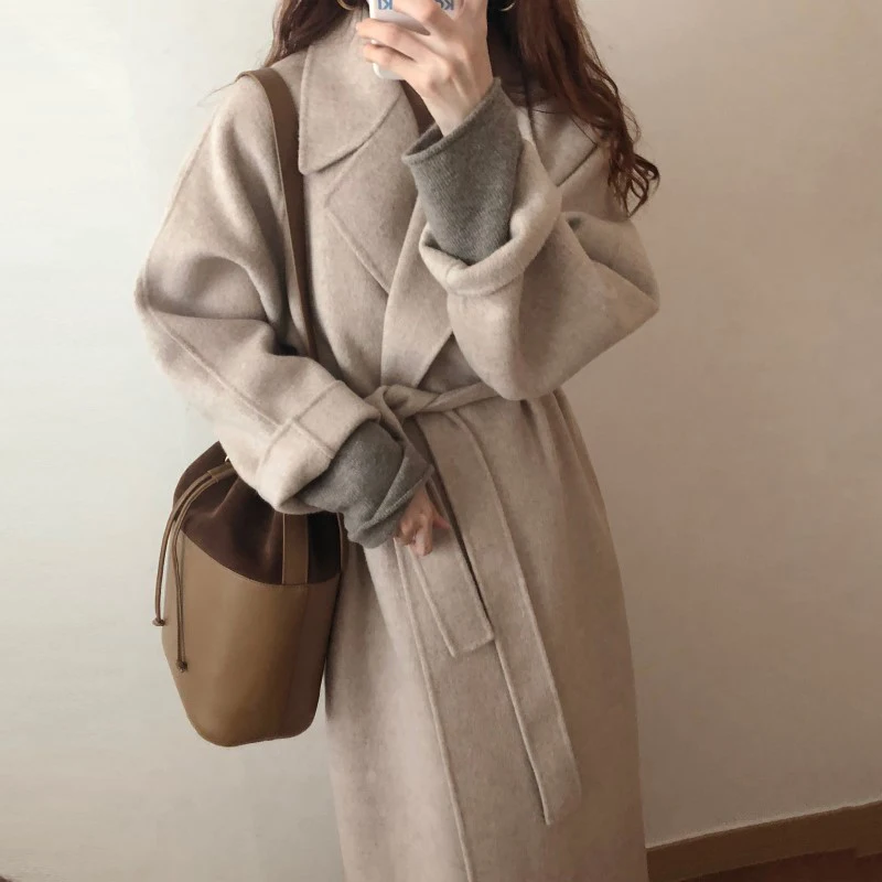 

Spring Autumn Elegant Lapel Slimming Straps Waist Ankle-Length Imitation Cashmere Woolen Long Coat Women