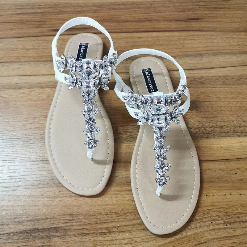 

Hoge Kwaliteit Shiny Diamond Gesp Platte Bodem Grote Omvang 36-42 Vrouwen Sandalen Gladiator Vrouwelijke Zomer Schoenen Zwarte