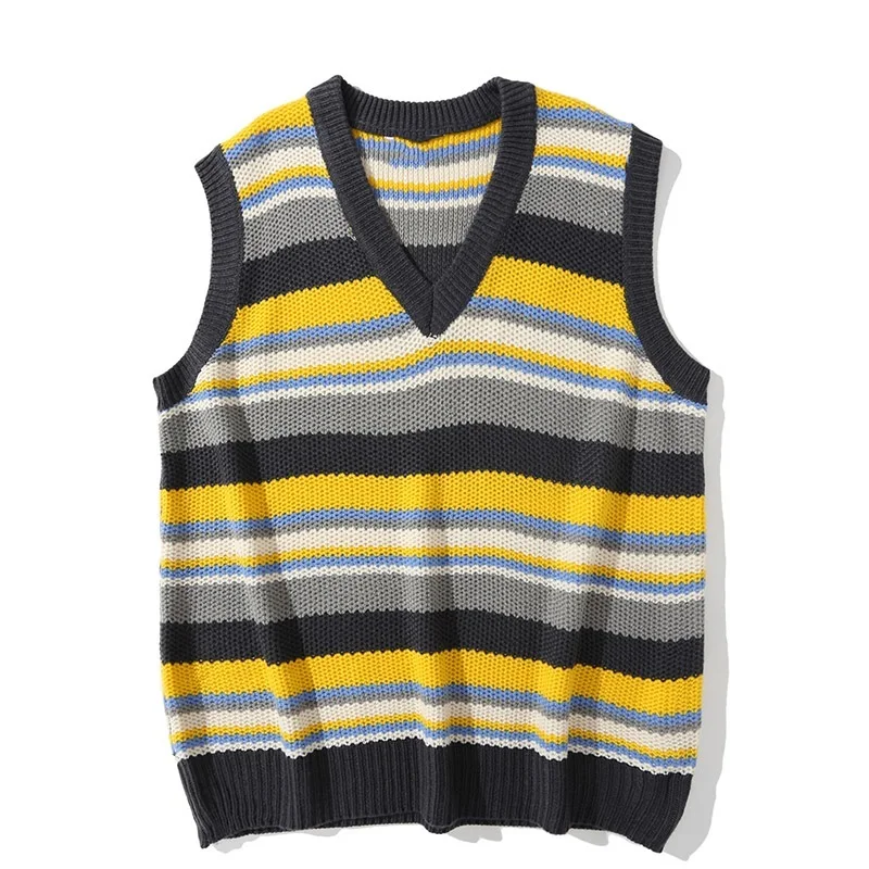 

Contrast Knitwear Stripe Harajuku Vest Super Vintage Large V-neck Jumper Color Sleeveless Sweater Women's Pullover Mens Clothing