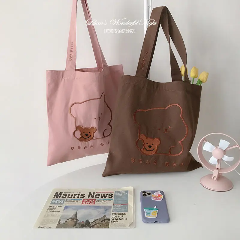 Student Girl Book Shoulder Bags Cute Biscuit Bear Women Canvas Handbags Large Capacity Ladies Shopping Bag Embroidery Cloth Tote | Багаж и