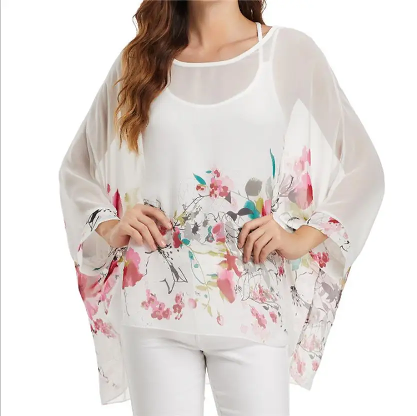Женская шифоновая блузка с рукавом летучая мышь и цветочным принтом|Блузки| |