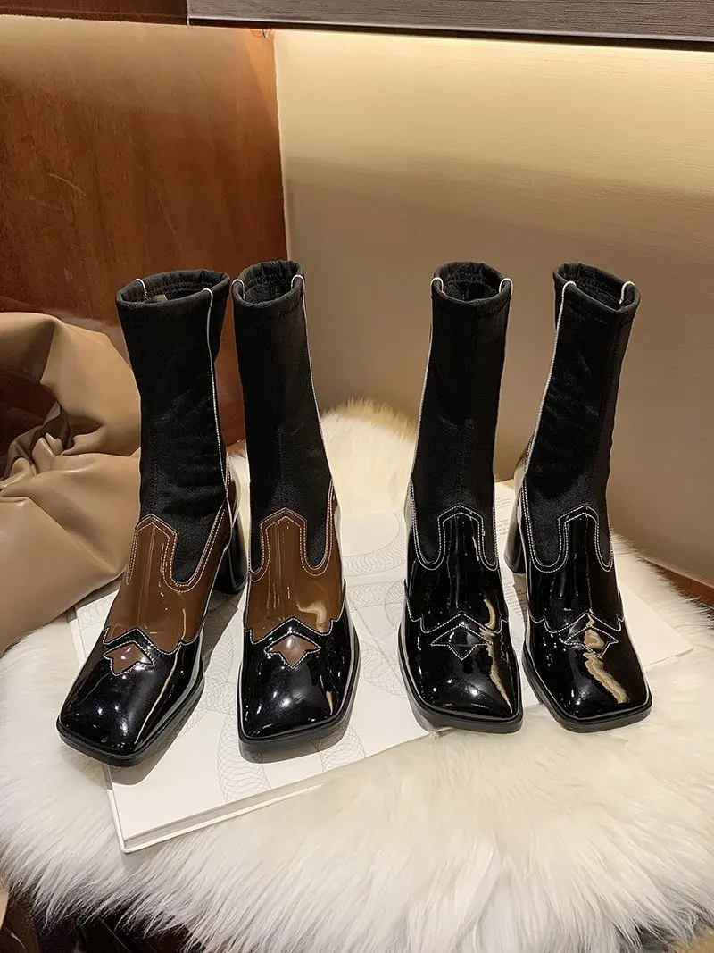 

Mid Calf Boots Women PU Leather Boots Round Toe High Heel Boot Autumn Women Slip On Comfortable Booties