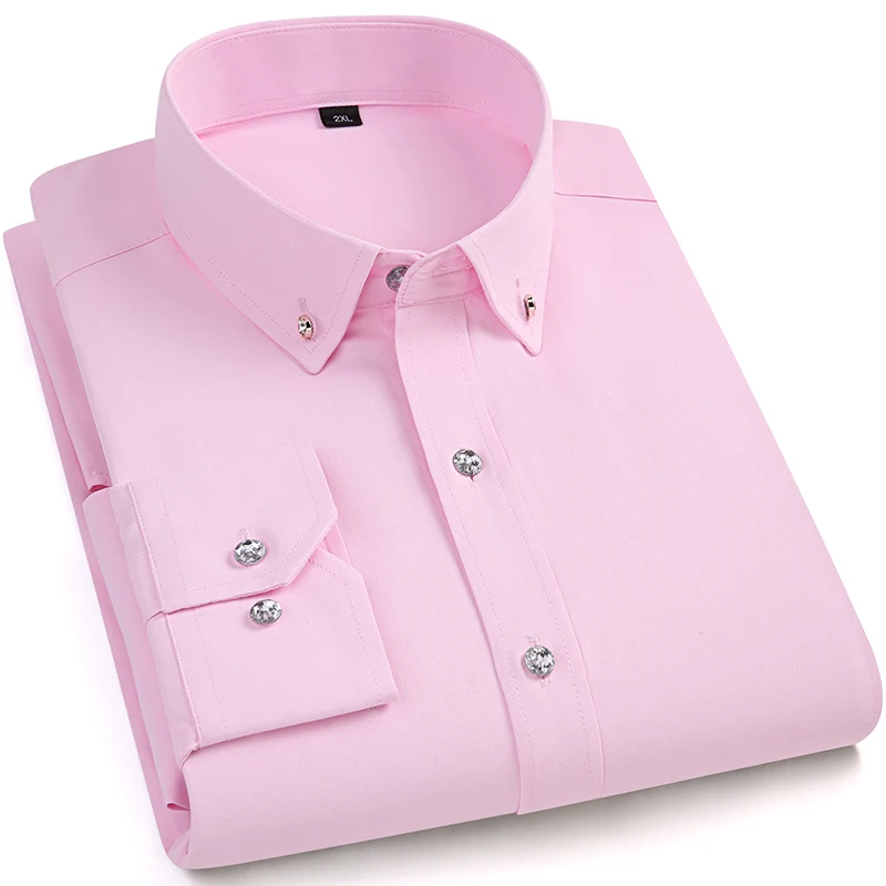 Smart Casual Men Dress Shirt Long Sleeve Fashion Business Diamond Buttons Formal Slim Fit Office Working Cotton Blouse