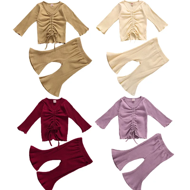 

Toddler Baby Girls Clothes Sets Solid Knit Long Sleeve Pullover Tops Flare Pants