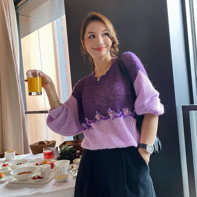 

Sequins Beading Purple Female Sweater 2021 New Autumn Winter Loose Out Wear O-neck Knitted Jumper Top Long Sleeve Knitting Shirt