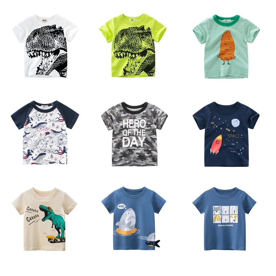 

2021 Summer Cotton T Shirt for Boys Kids Cartoon Dinosaur Print Tops Tees Child Baby Short Sleeve Home Clothes