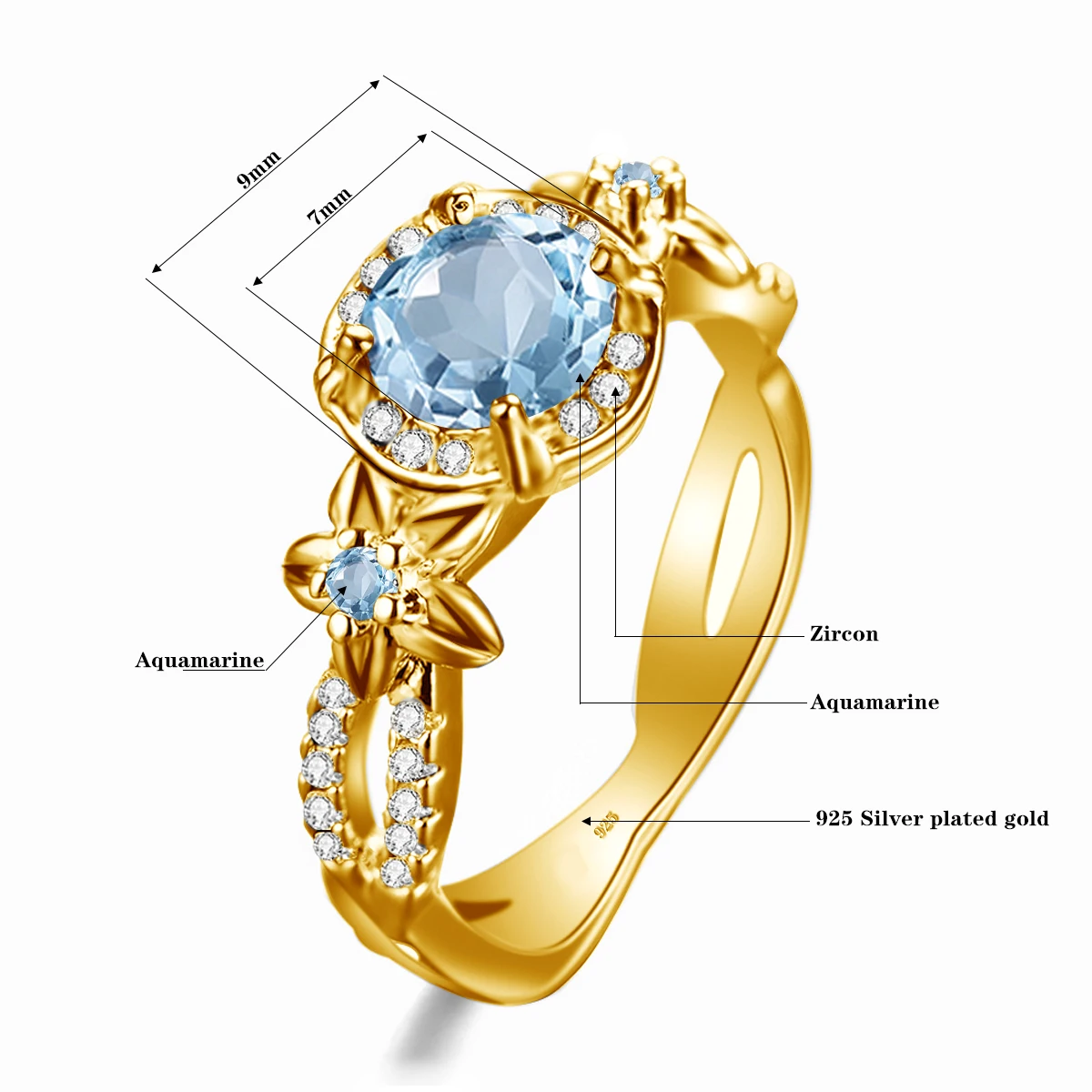 

925 Sterling Silver Ring Women 18K Gold Aquamarine Rings Female Silver 925 Solid Sliver Jewelry Ring Gift