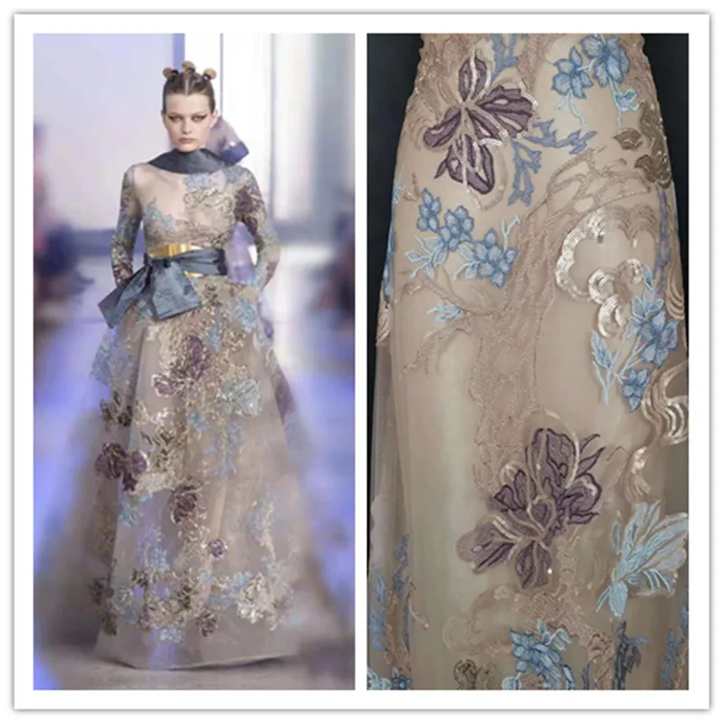 

Latest Sequins + Embroidered African Lace Fabric Sequins Embroidered French Mesh Lace Fabric, Suitable For Evening Dress Skirt