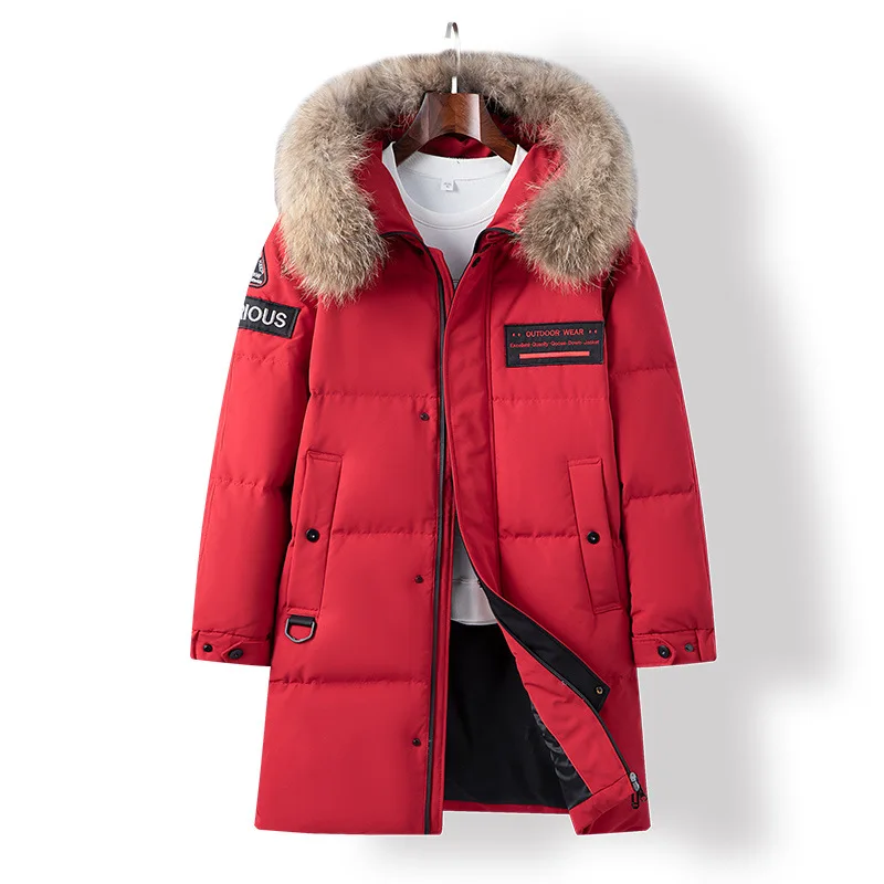 

Мужской длинный пуховик с меховым воротником, черно-красный пуховик на белом утином пуху, теплая ветрозащитная куртка, зима 90%