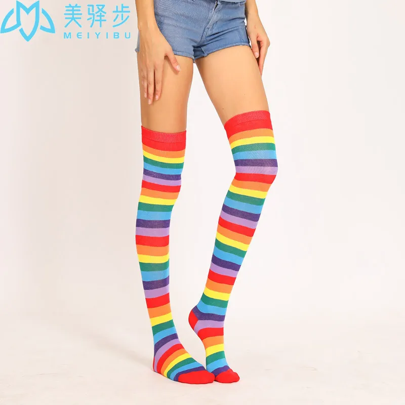 6 Pairs Per Set Colorful Socks Rainbow Stripe Long Tube Knee Socks Party Stocking Female Holiday Stocking Girl