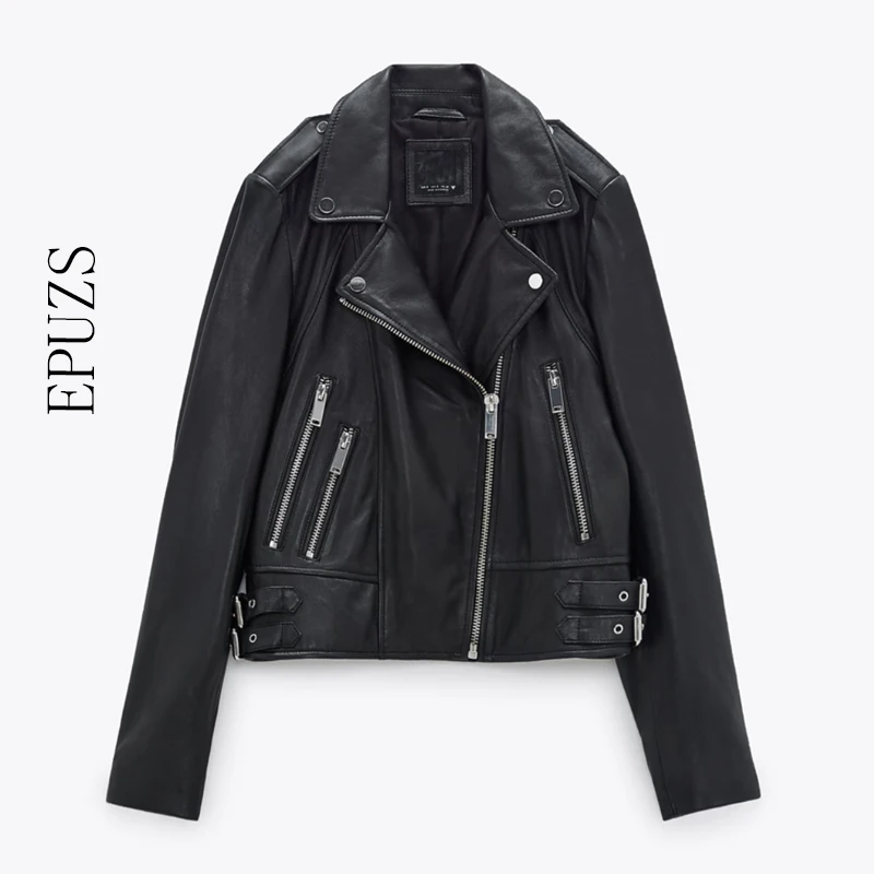 

Женская короткая байкерская куртка ZA, Черная байкерская куртка из искусственной кожи на молнии в стиле панк-рок, 2021