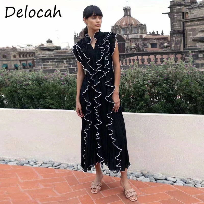 Delocah Women Summer Fashion Designer Party A-Line Dress Ruffles Sleeveless Solid Printed Elegant Bodycon Ladies Midi Dresses