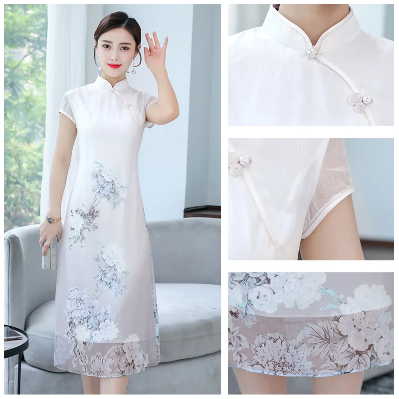 Женское длинное платье Чонсам в китайском стиле с коротким рукавом элегантное