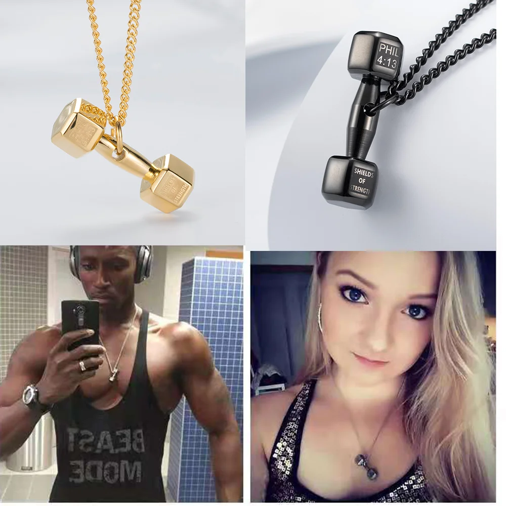 

Couple Trending Necklaces Barbell Titanium Steel Pendants Sport Fitness Lover Black Gold Silver Color Fashion Necklace Man 2021