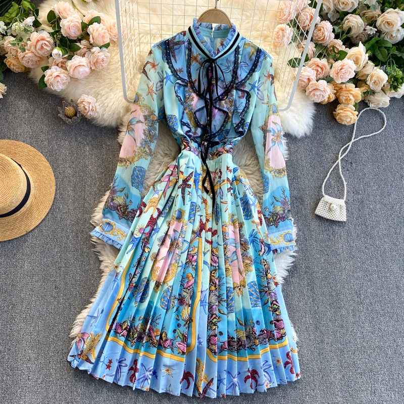 

court heavy wind restoring ancient ways, senior feeling agaric pleated edge round neck long sleeve lace fashion dress