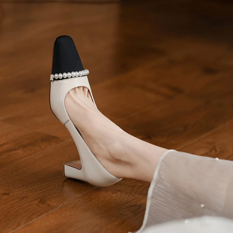 SIMLOVEYO 2022 New Style Sapatos Femininos Pumps For Ladies Square Toe Block Heels Slip-on Beading Beige Apricot Spring S2811 | Обувь