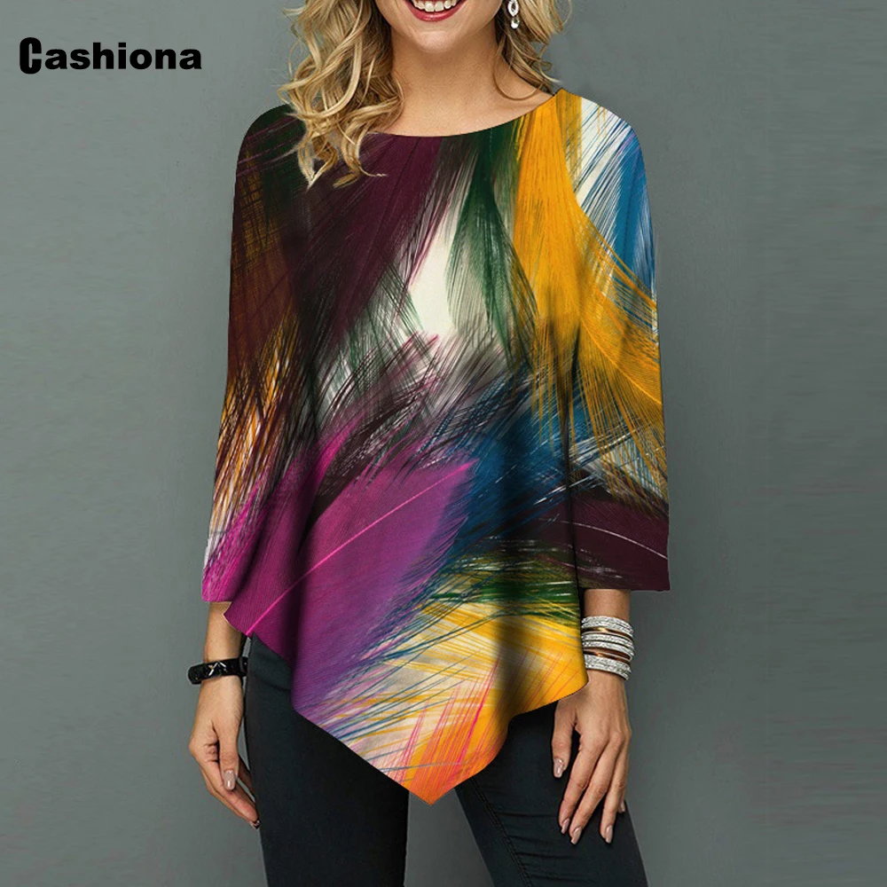 

Cashiona Plus size Women Elegant Leisure Casual T-shirt Boho 3D Print Jersey Clothing 2021 Autumn Irregular Tees shirt Femme 5XL