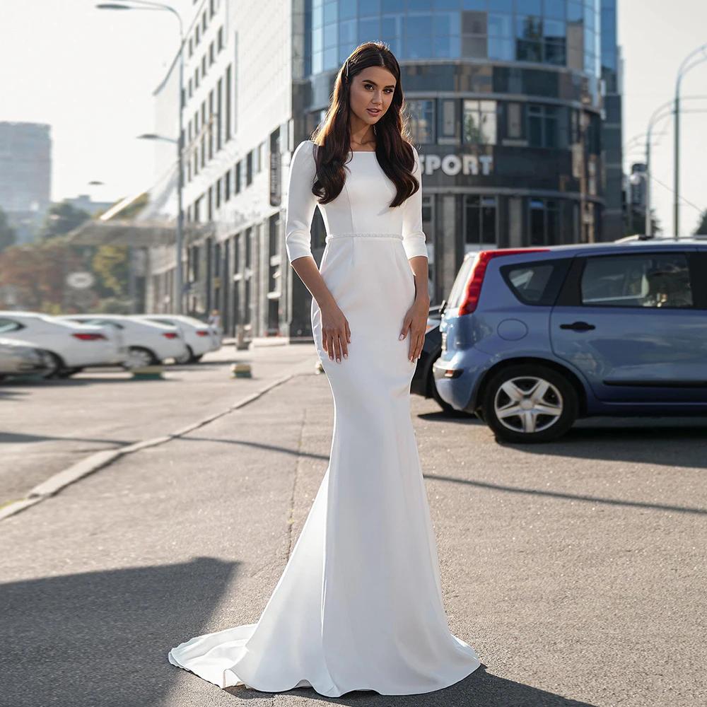 

Modest White Mermaid Wedding Dresss 3/4 Sleeves Simple Beading Belt Sweep Train Jersey Bridal Gowns Plus Size