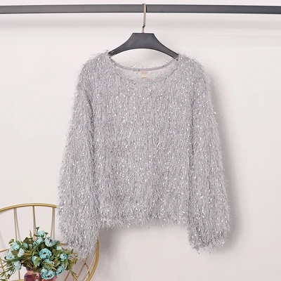 GREY Осень Женская Сексуальная Bling o-образным вырезом кисточка искусственный мех с длинным рукавом вязаный свитер рубашка леди базовые Топы футболки пуловеры - Цвет: GREY