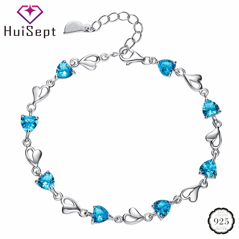 

HuiSept Romantic Bracelets 925 Silver Jewelry Heart-shaped Sapphire Gemstones Bracelet for Female Wedding Engagement Party Gifts