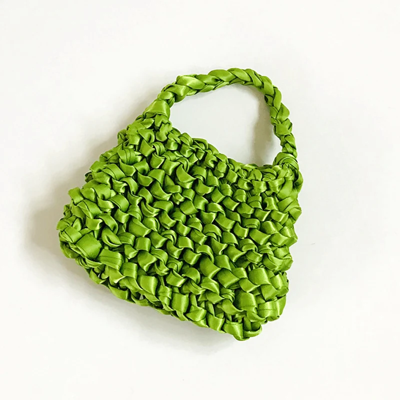 Bolso de cinta tejido a mano para mujer, Mini bolso de ganchillo de Color caramelo para noche, bufanda verde fluorescente, de satén, de verano