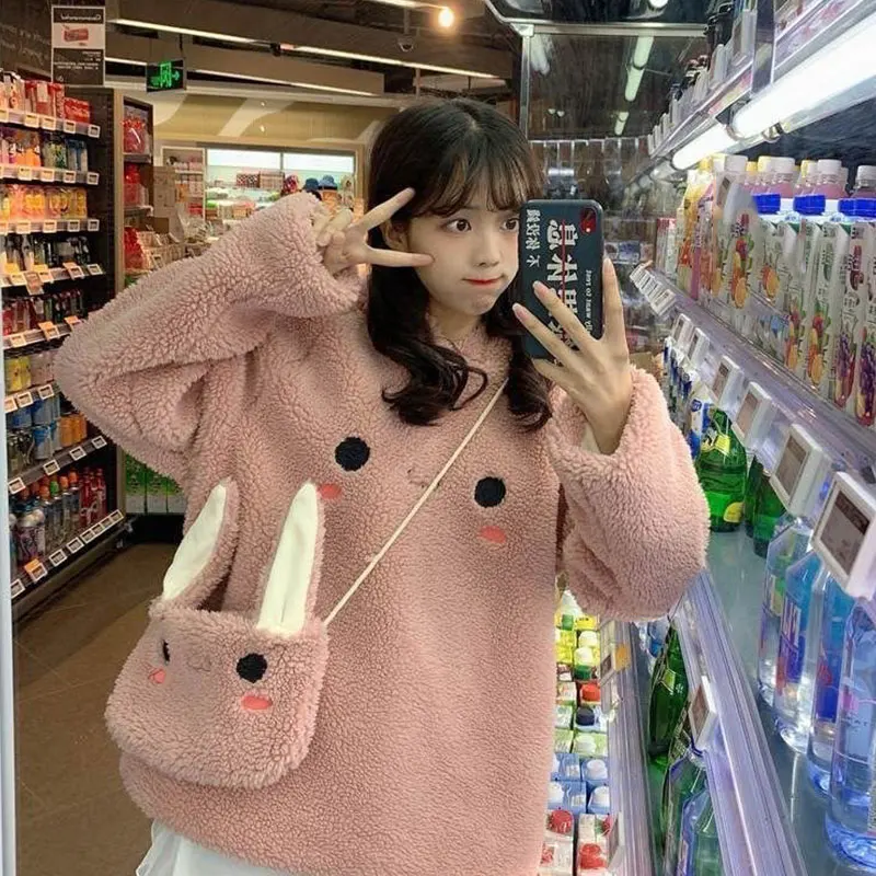 

New Fashion Women Hoodies With Ears White Pink Loose Warm Hoodie Cute Outerwear Coat Autumn Long Sleeve Japan Sweatshirt Girls