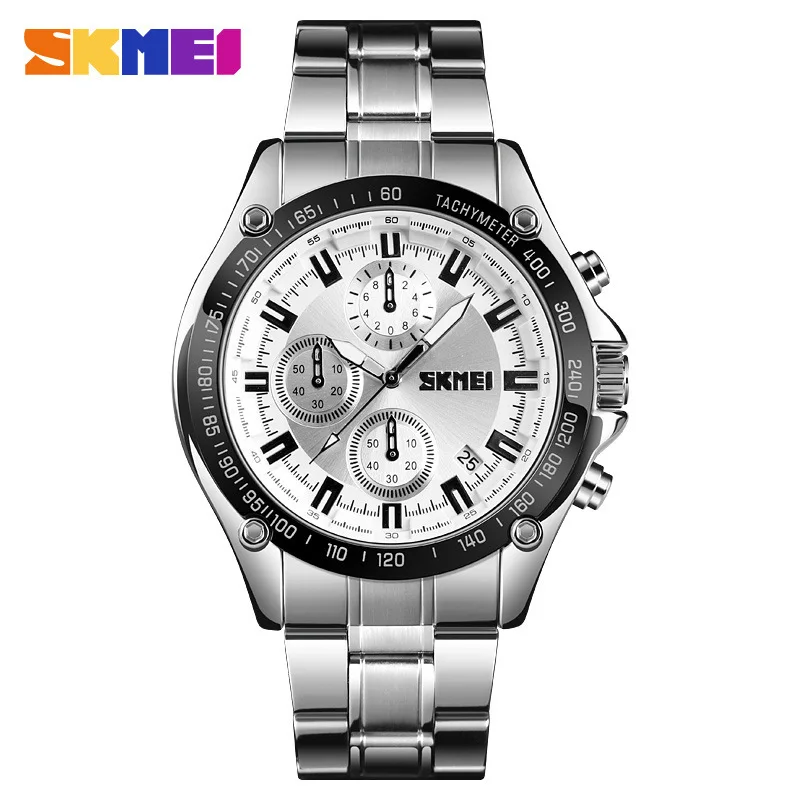 

SKMEI1393 men's Shi Ying steel belt watch three small plates run seconds chronograph calendar water