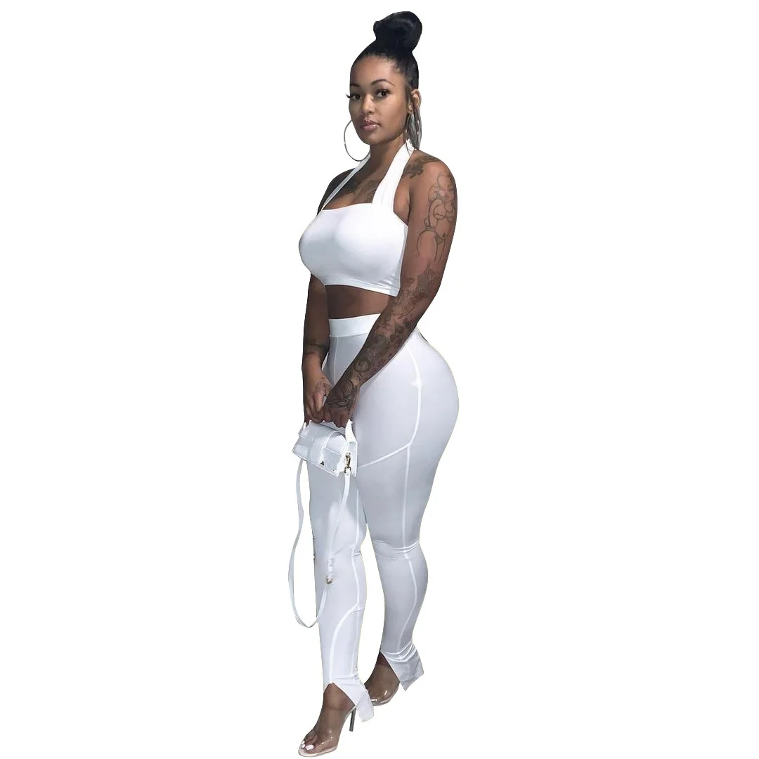 

two piece set women summer club outfits for women Sexy backless halter cropped top+slit pencil pants solid white matching sets