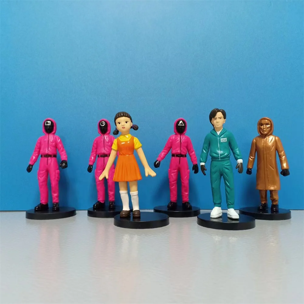 

6 комплектов, Игрушечная модель кальмара, экшн-кукла в маске, настольное украшение для игры в кальмар, коллекционные искусства