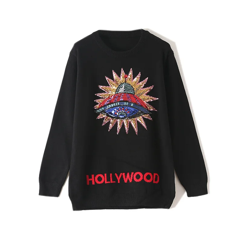 

Fall Women O-Neck Pullover Embroidery Sequined Airship Joker Knitting Sweater Leisure Loose Elegant Lady Pullovers High Quality