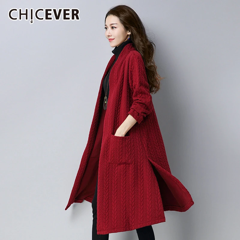 CHICEVER корейские трикотажные тренчи женские О образный вырез с длинным рукавом
