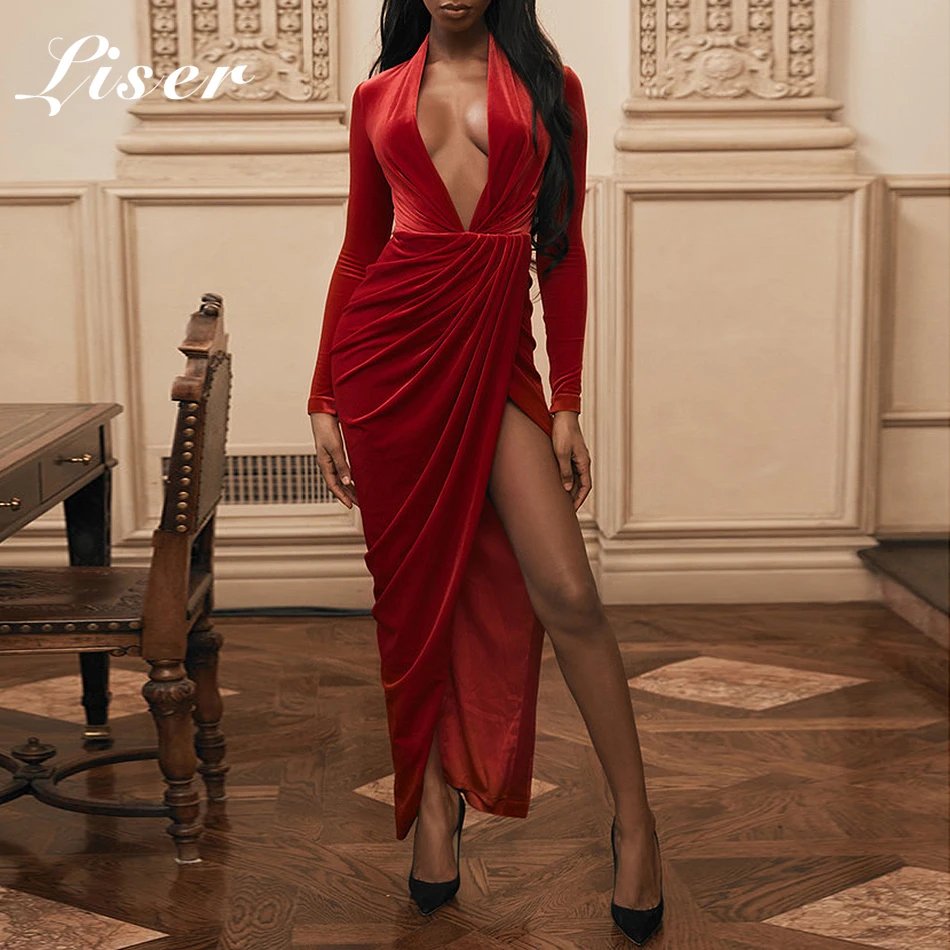 Женское платье с длинным рукавом V образным вырезом и драпировкой|Женские платья|