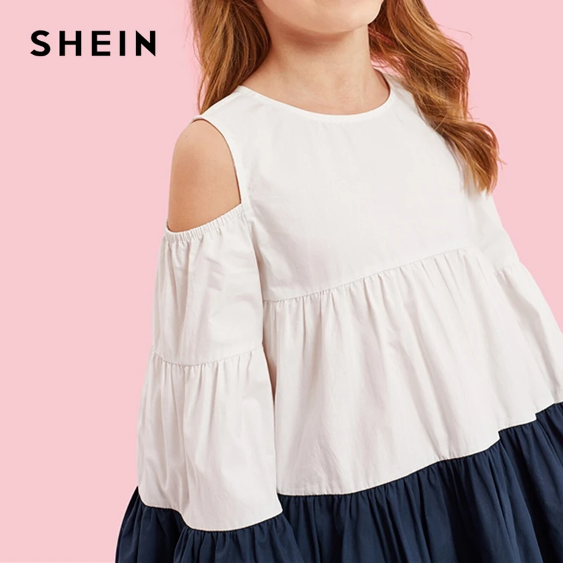 SHEIN Kiddie/многослойное платье с цветным блоком и открытыми плечами для девочек г., Осенний рукав-волан, трапециевидные платья для подростков
