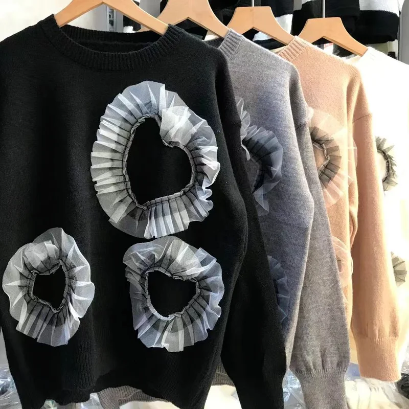 Nomikuma Pull Femme корейский сетчатый лоскутный вязаный свитер с оборками Love Heart