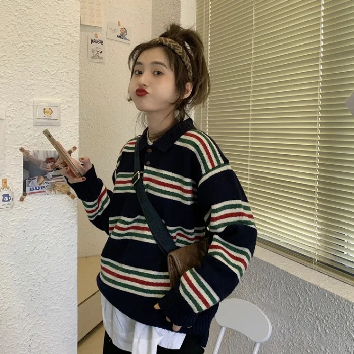 

Winter sweater women Patchwork knitted Lapel Buckle sweater Vintage Contrast Striped Korean sweater pullover Loose warm Hot sale
