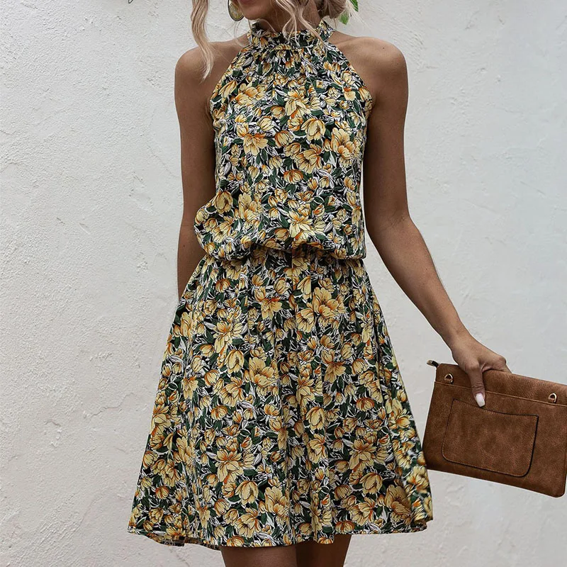 Новое Женское мини платье высокая талия с рисунком без рукавов летнее женское в